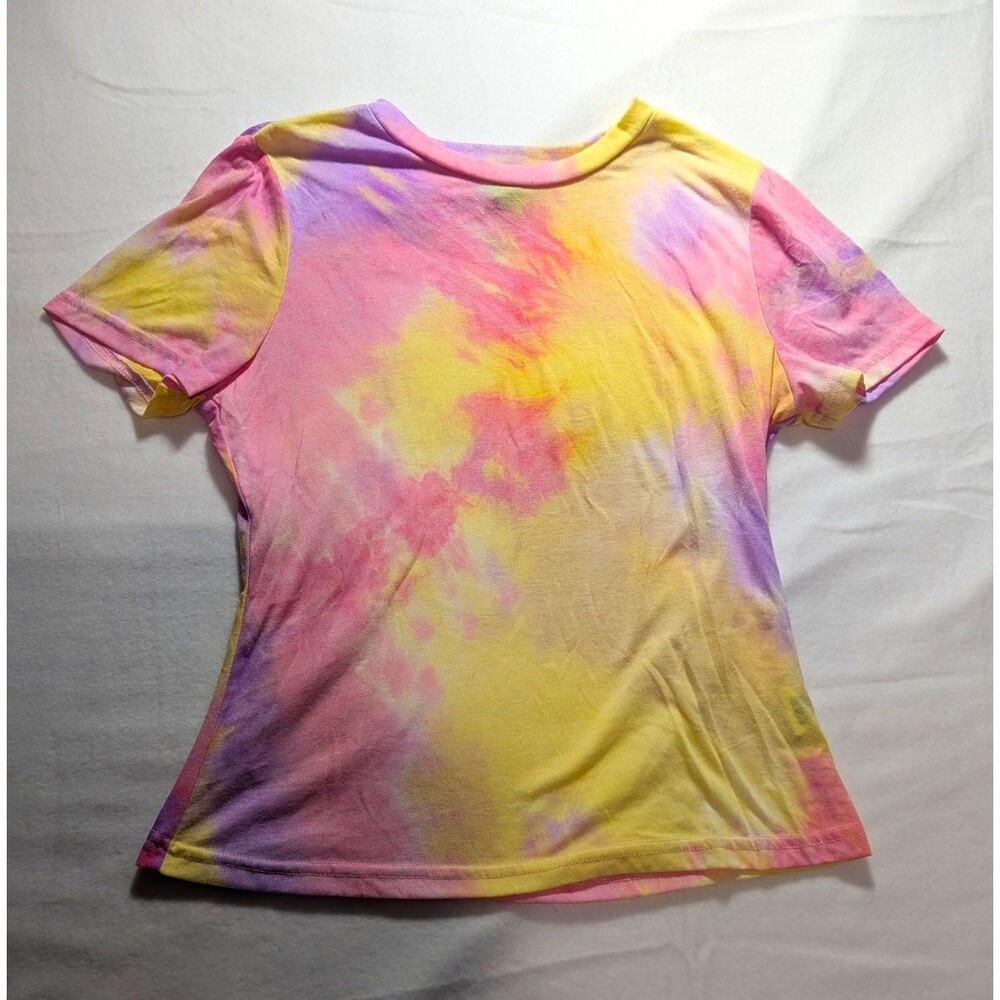 SHEIN Women’s L Pink Yellow Purple Tie-Dye Crew Neck Short Sleeve T-Shirt